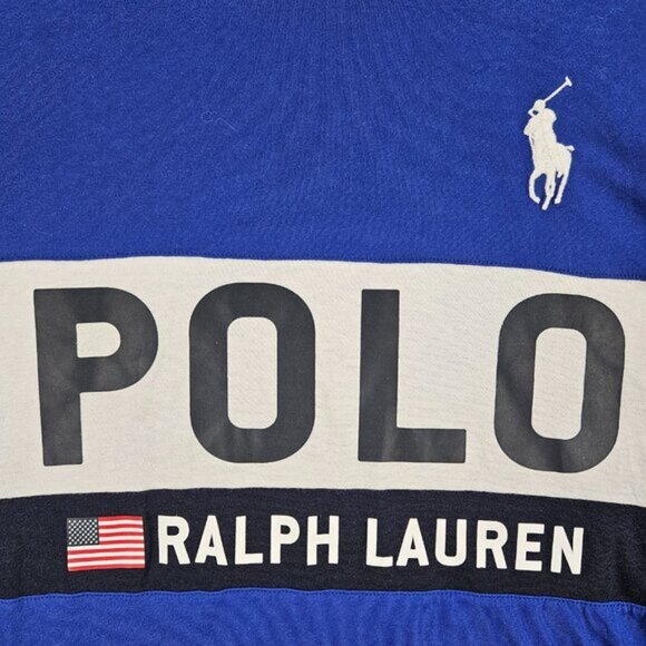 Polo Ralph Lauren Big Pony Spellout Logo T-Shirt Blue White Colorblock Mens Sz L - Picture 6 of 10